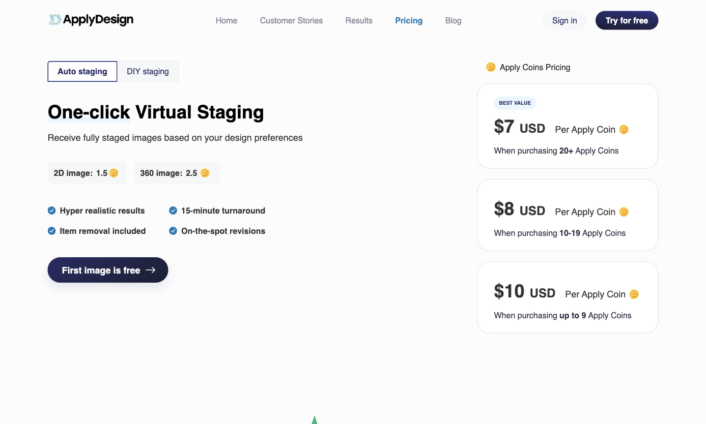 Apply Design first-image-free offer and Apply Coin pricing