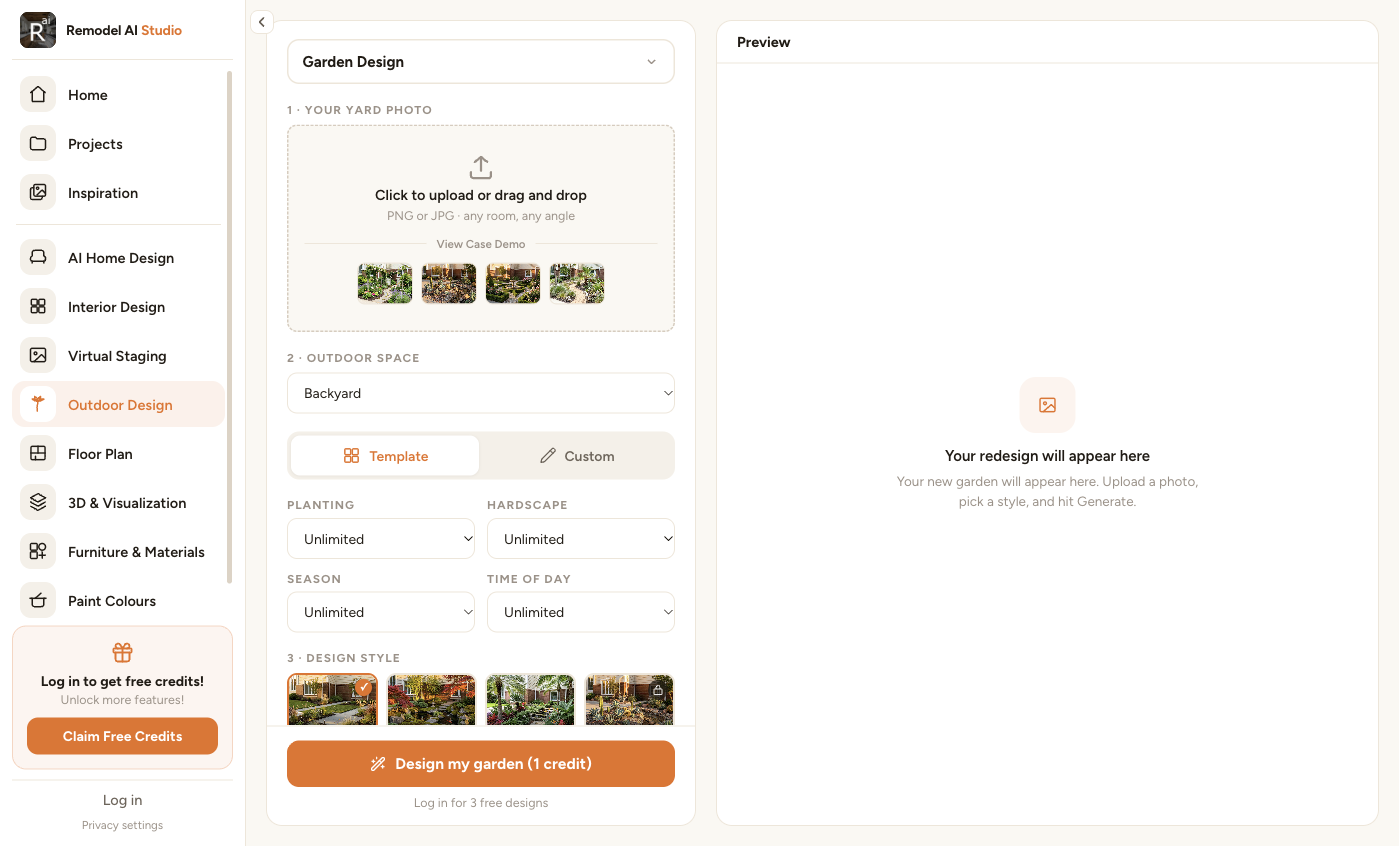 Remodel AI Studio Garden Design interface with outdoor-space, planting, hardscape, season, time-of-day, and style controls