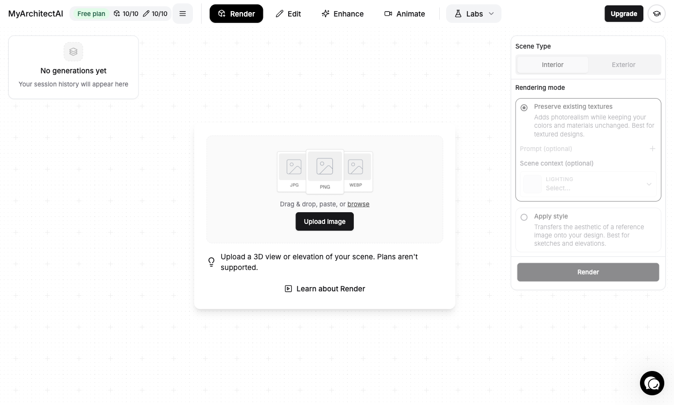 MyArchitectAI Render workspace with JPG, PNG and WebP upload controls