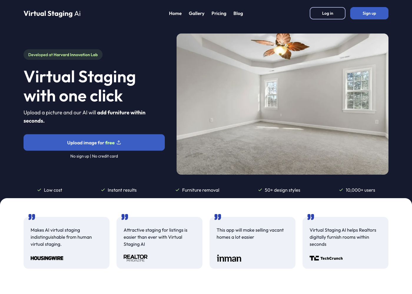 Virtual Staging AI free-upload entry and furnished-room example