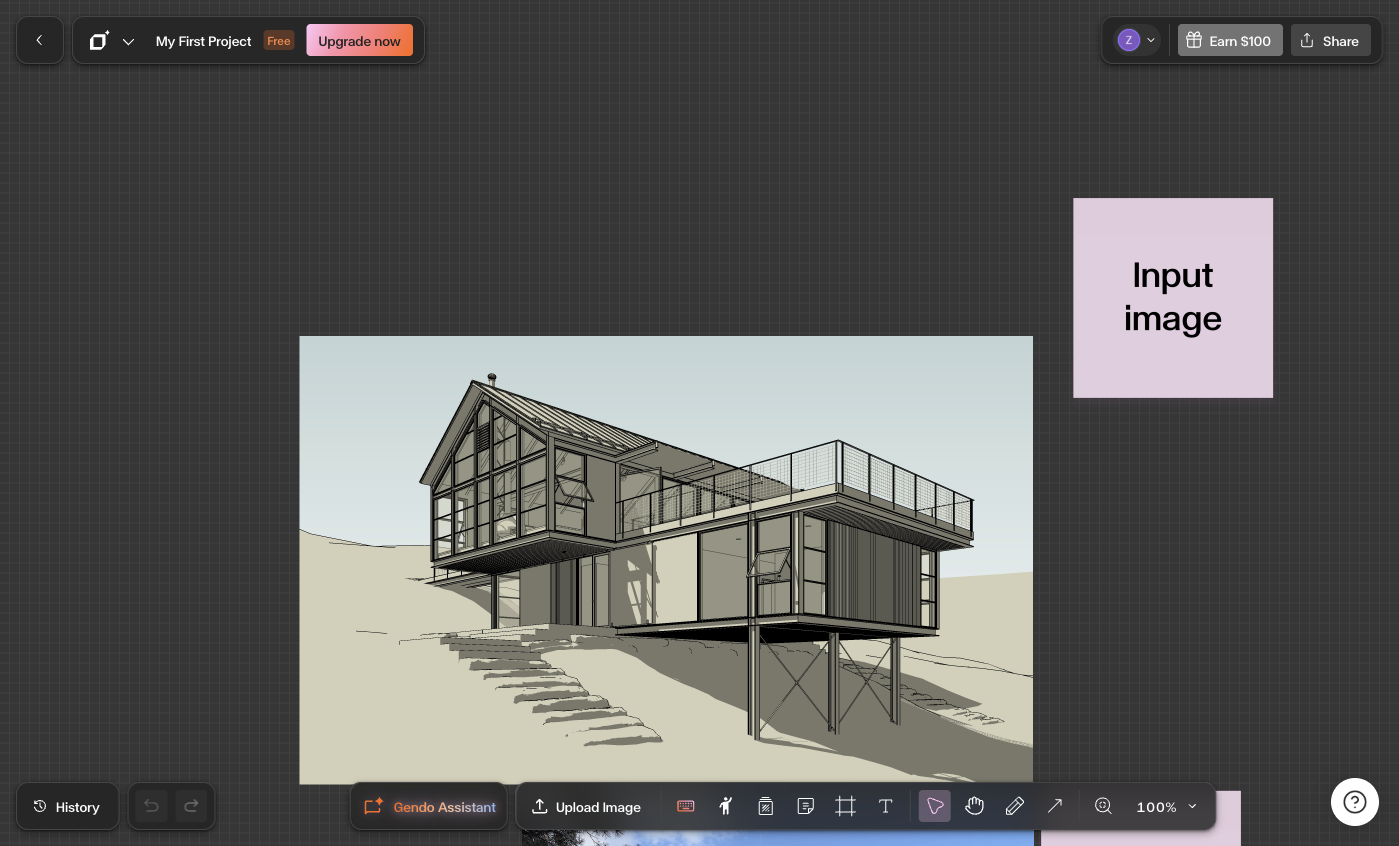 Gendo account canvas with an architectural input image and Upload Image control