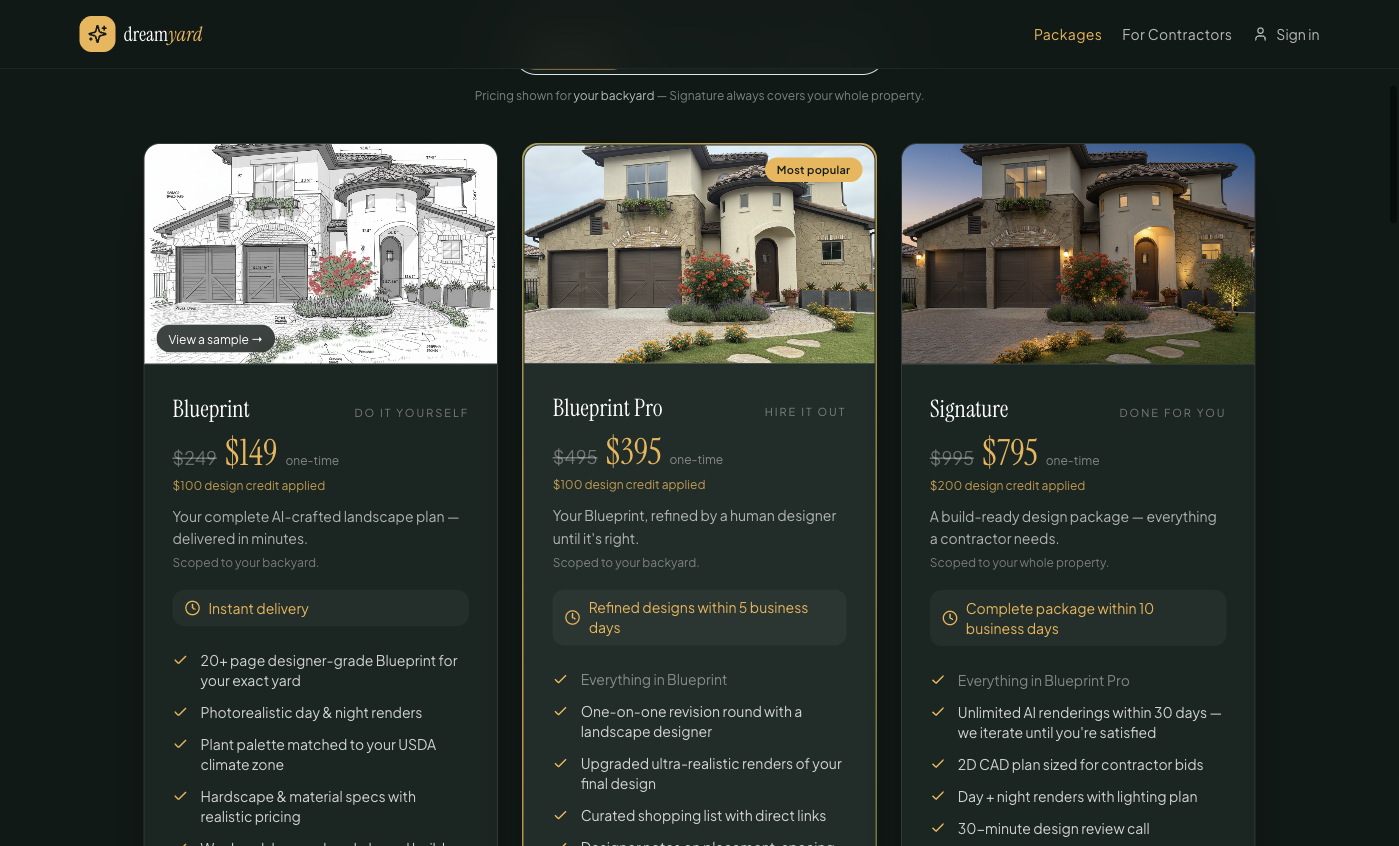 DreamYard Blueprint, Pro and Signature package comparison
