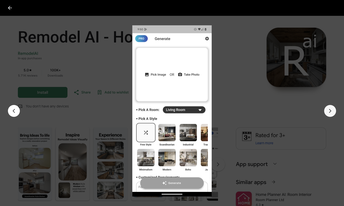 Remodel AI official Android app generation interface with image, room and style controls