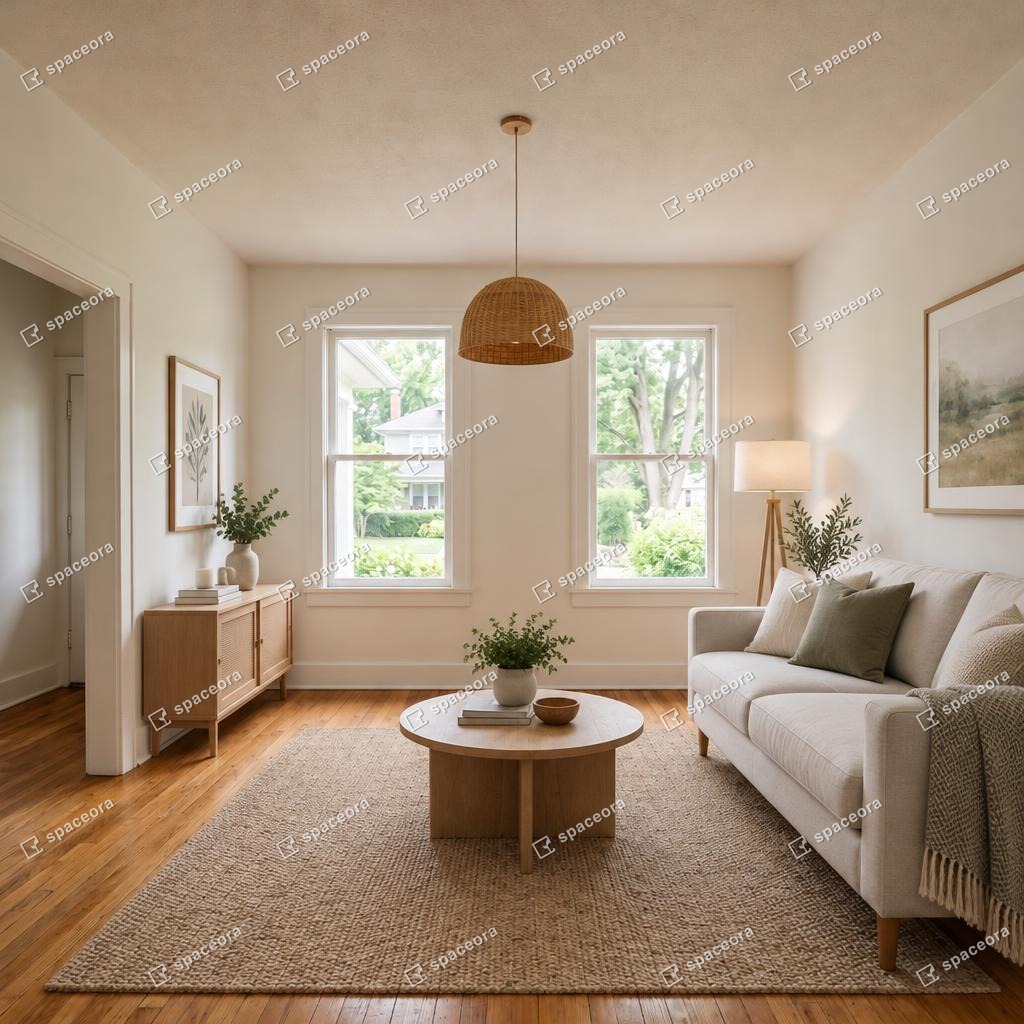 Downloaded Spaceora staging result with sofa, rug, coffee table and repeated watermarks