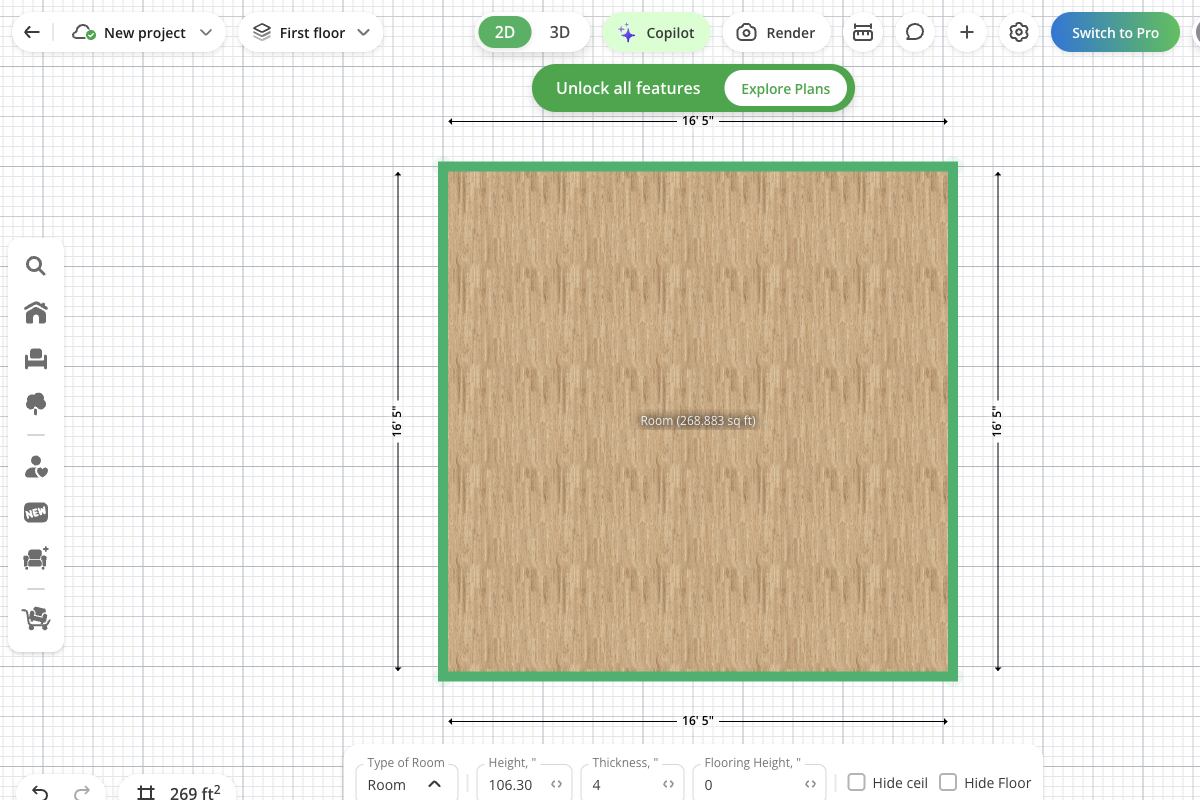 Planner 5D test room in 2D with dimension labels