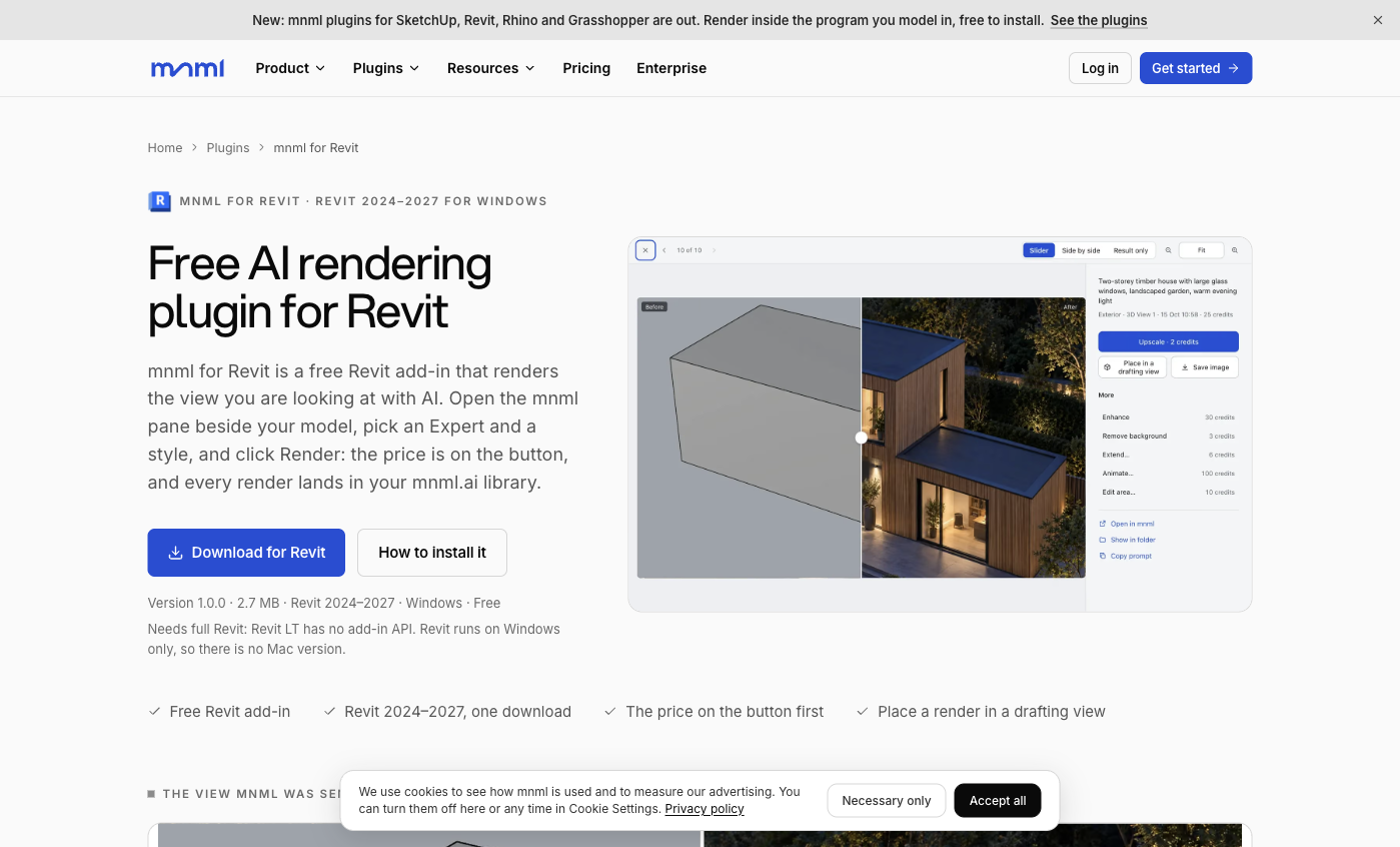 mnml Revit add-in page showing supported versions and a render preview