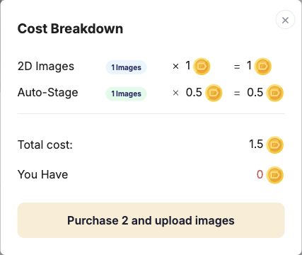 Apply Design cost breakdown showing 1.5 coins required, zero balance and a purchase prompt