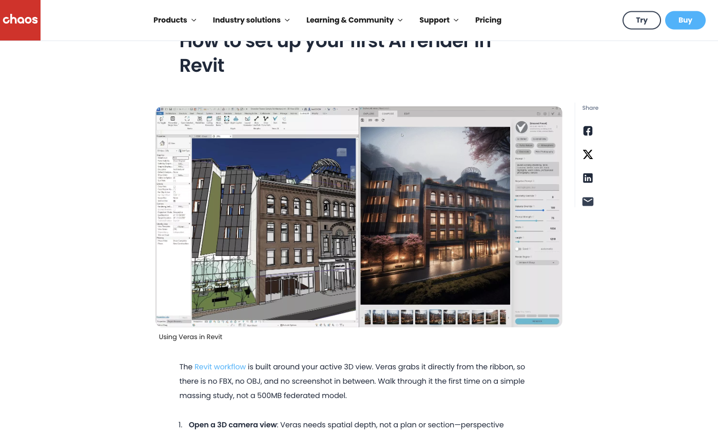Official example of a Revit model beside a Veras rendering
