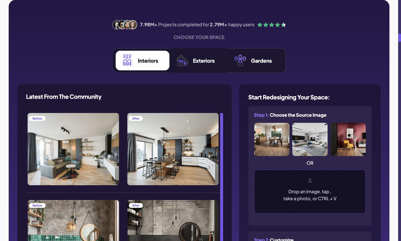 HomeDesignsAI upload interface with interior, exterior and garden options